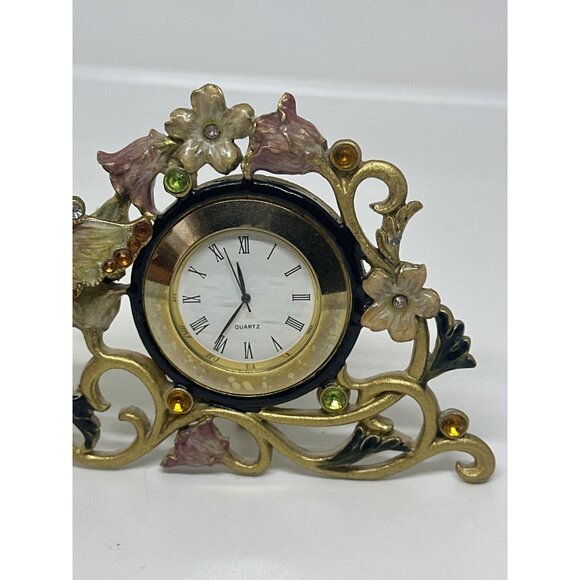 VTG Enamel Butterfly Desk Clock | Rhinestone Quartz Floral Design (Not Working) - Picture 3 of 4